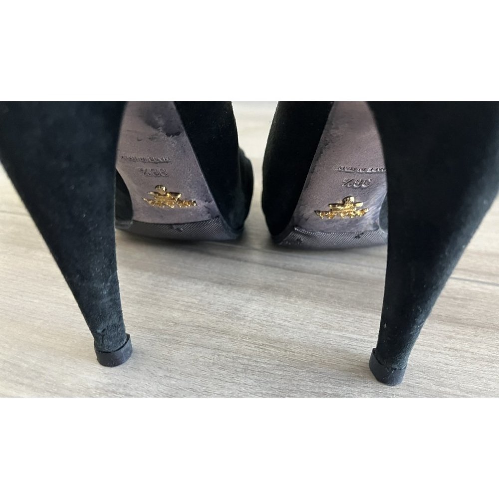 Prada Black Suede Open Toe Bow Pump All new Vibram Soles & Heel Taps Size 38-1/2 - Picture 10 of 12